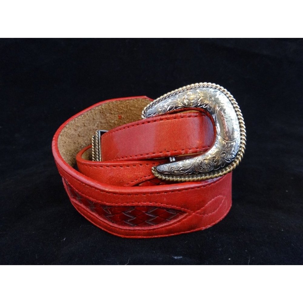 Vintage SILVER CREEK Red BRAIDED Inserts Silver‎ Plated BUCKLE Ladies BELT Sz 30